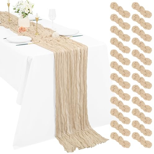 Pesonlook 24er Set Gaze-Tischläufer für Hochzeiten, 55 x 300 cm, Beige | Weiche Polyester-Gaze in Käsetuch-Optik mit lockerem Faltenwurf für Boho-Tischdeko, Geburtstage, Partys und Hochzeitsbögen
