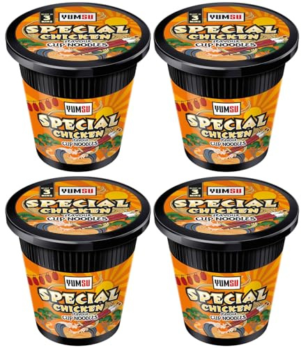 Yumsu Special Chicken Flavour Cup Noodles 4 Pack – 4 x 60g Instant Noodle Cups – Quick Chicken Soup Style Noodles – Includes Gifty Goodness Shopping List