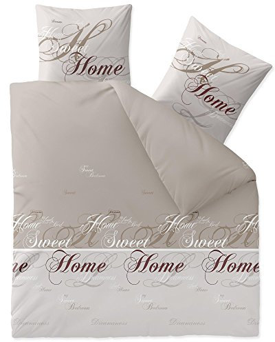 CelinaTex Touchme Biber Bettwäsche 200 x 200 cm 3teilig Baumwolle Bettbezug, Set, Bettgarnitur für Sommer und Winter, ganzjährig, pflegeleicht, Sarah Wörter beige braun weiß
