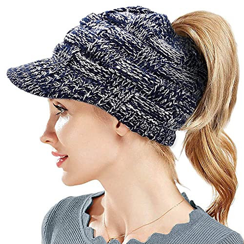 Winter Strickmütze Schirmmütze Damen Wintermütze Beanie Mütze Hüte Mützen Caps für Damen Gestrickte Baseballmütze Pferdeschwanz Mütze mit Zöpfen Loch (Dunkelblaues Weiß)