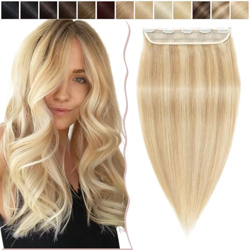 SEGO Haarteil Clip in Extensions Echthaar DICKER Haarverlängerung 1 Tresse 5 Clips Human Hair Glatt Honigblond/Hellblond #18p613 22(55cm)-100g