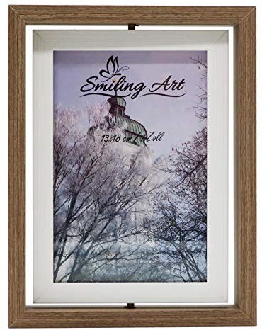 Smiling Art drehbarer Bilderrahmen, Doppelrahmen für 2 Fotos aus MDF Holz mit Glas in Querformat und Hochformat zum Aufstellen (Braun+Weiß, 13x18 cm)