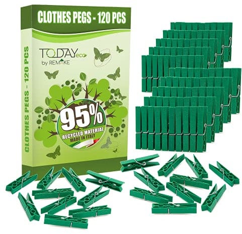 Today Eco – 120 Pinzas Ropa Grandes de plástico Reciclado 95%, Resistentes, antióxido, Anti-Viento, no Dejan Marca – para tendedero Exterior