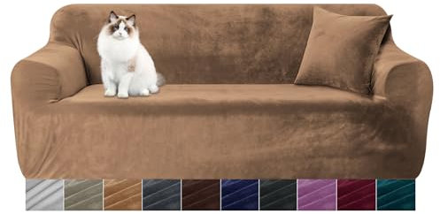 Yeahmart Dicke Sofabezüge für 1/2/3/4-Sitzer, reine Farbe, Sofaschutz, Samt, einfache Passform, elastisches Gewebe, Stretch-Couch-Schonbezug (Khaki, 4-Sitzer, 235–300 cm)