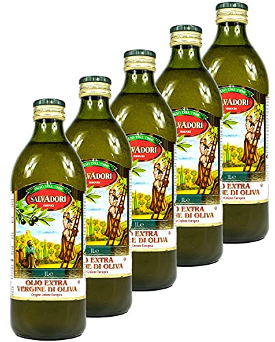 Salvadori - 5er Pack extra natives Olivenöl 1 Liter Glasflasche - Original Olio extra Vergine di Oliva aus Italien