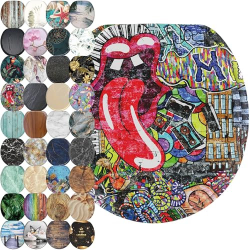 Sanilo WC-Sitz mit Absenkautomatik, rund, leise und langsam schließender Deckel und Sitz, starke Stoßstangen und Scharniere, Graffiti