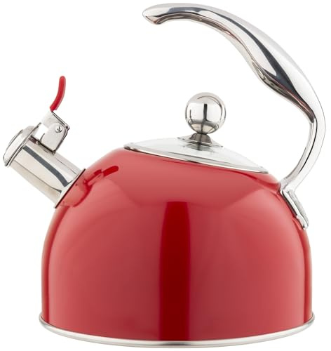 Viking 3-Ply Stainless Steel Tea Kettle, 2.6 Quart Stovetop Hot Water Pot with Tempered Glass Lid, Ergonomic Handle, Induction Ready, Red