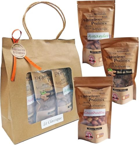 Pralinés a la Antigua - Caja de Regalo de Pralinés «Clásicos» - Delicias Artesanales Favoritas - Almendras, Pacanas, Cacahuetes - 3 Bolsitas - 430 gr - Fabricado en Francia