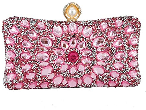 Boutique De FGG Chiusura a Perla Donna Borsa di Cristallo Borse da Sera del Partito con Strass Pochette e Clutch da Sposa con Diamante, Piccolo, Rosa