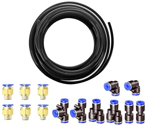 HUAZIZ 10 Meter PU Pneumatikschlauch Pneumatic Polyurethane Schlauch Flexibel Druckluftschlauch Außen 10mm x Innen 6.5mm Black, mit Pneumatikverbinder Air Push-Schnellkupplungen (Y/T/L/I förmig)