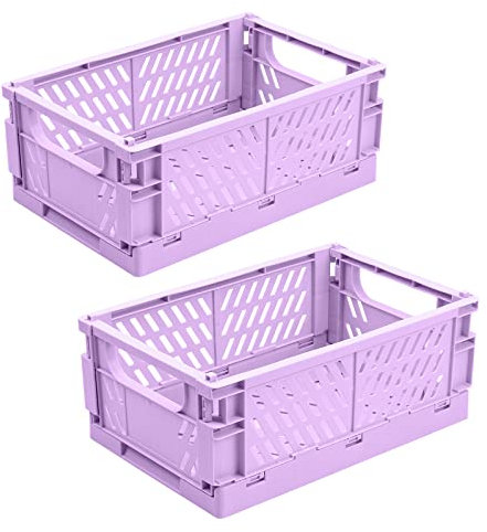 SelfTek 2 Stück Klappkisten Set, 2 Stück großer klappbox, Faltbarer Obstkorb aus Kunststoff, klappkorb für Küche,Arbeitszimmer und Büro, 25 x 16,5 x 10 cm (Lila)