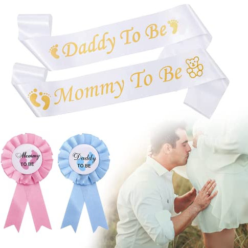 4 Stück Babyparty Spiele Deko, Baby shower Schärpen und Abzeichen-Set, Satin-Schärpe, für werdende Mama, werdender Papa, Dekoration für baby shower, Baby party