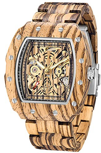 Herren Holzuhr Skelett Automatikwerk Holzuhr Selbstaufziehende Uhren für Männer, Braun/Silber