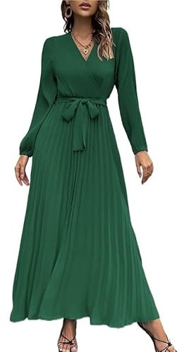 Damen Kleid Langarm Plissee Lange Kleider mit Gürtel Hochzeit Elegant V-Ausschnitt Einfarbig (Color : Green, Size : XL)