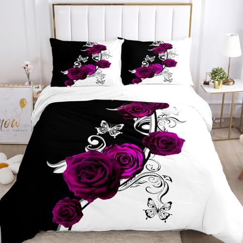 IUNTWEIE Bettwäsche Rosen 200x200 Set, Bettwäsche Blumen Muster Mikrofaser Bettwäsche-Sets mit Reißverschluss, Weich & Angenehm & Atmungsaktiv Bettwäsche Set (Blumen-3, 200x200cm)