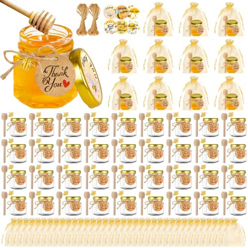 GIVAMEIHF Mini-Honiggläser, 42,5 g, 48 Stück, sechseckige Honiggläser mit Löffel, goldfarbener Deckel, Bienen-Anhänger, goldene Geschenktüten, Seil, Dankeschön-Etiketten, Gläser mit Deckel, Babyparty