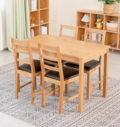 Hallowood Furniture Waverly Oak Small Dining Table and Chairs Set 4, Solid Oak Rectangular Kitchen Table and Chairs with Ladder Back and Brown Bonded Leather Upholstered Seats for Home and Café