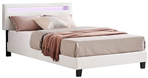 Polsterbett CARIBO 120x200 cm, Bett mit Kunstleder in weiß und LED Beleuchtung, Lederimitat, modern, skandinavisch, bequemes gepolstertes Bett