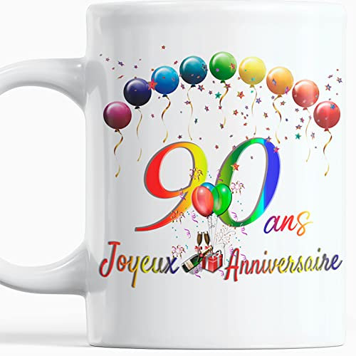 Paroles d'amour Joyeux Anniversaire 90 ans Idée Cadeau Homme Femme Quatre-Vingt-Dix ans Mug original avec des ballons en couleur