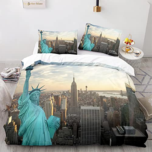 LUDVIK Bettwäsche 155X220 cm New York Sommerbettwäsche + 2 Kissenbezüge 80X80Cm Mikrofaser 3 Teilige Bettwäsche 155X220 Schnell Trocknend Und Kein Bügeln