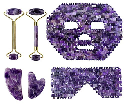 Lila Kristall Jade Gesichtsmaske Gua Sha Scraper Massage Roller Set Natürlicher Amethyst Gouache Stein,Typ 1