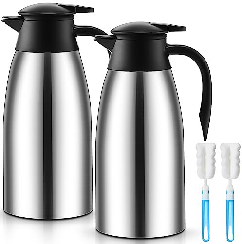 Norme 2 Pcs 68 oz Thermal Coffee Carafe Insulated Stainless Steel Coffee Carafe Double Walled Vacuum Thermal Pot Flask with Brushes Coffee Carafe for Keeping Hot Coffee Tea 12Hours (Silver)