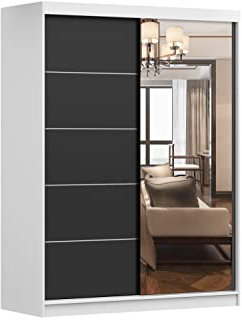 Fabryka Mebli Idźczak Kleiderschrank mit Spiegel, Schiebetüren - Schwebetürenschrank, Schlafzimmerschrank - 61 x 150 x 200 cm - Schrank für Schlafzimmer, Ankleidezimmer, Garderobe - Schwarz, Weiß