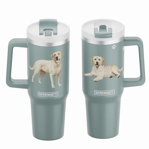 SERENGETI 40 Oz Ultimate Tumbler with Handle and Straw - Vacuum Insulated Tumbler with Straw and Lid - Stainless Steel Travel Mug for Pet Lovers - 3D Designs of your favorite Dog (Yellow Labrador)