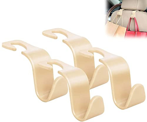Alyphyly 4 Pcs Beige Universal Multifunctional Car Vehicle Headrest Hook, Organizer Hanger Storage Hook for Bag Purse Cloth Grocery