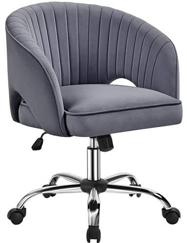 Yaheetech Modern Velvet Desk Chair, Makeup Vanity Chair with Tufted Barrel Back Height Adjustable Accent Armchair Swivel Task Chair for Home Office Dark Gray