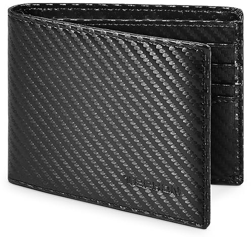 TEEHON Mens RFID Blocking Carbon Fibre Leather Wallet - Bi-Fold Card Wallet with 10 Card Slots, 2 ID Windows, 2 Cash Compartments - Black
