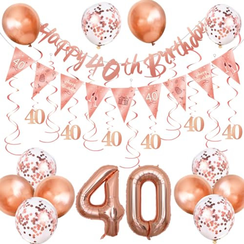 sokey 40th Happy Birthday Decoration for Girls, Rose Gold 40th Birthday Party Decoration Kit Including Banner Hanging Swirls Streamers Latex Balloons Foil Balloon