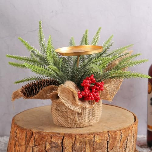 Mini Weihnachtsbaum Tannenbaum Künstlich Weihnachtskerzenhalter, rote Früchte, Kerzenhalter, Ornament, Tannenzapfen, Kerzendekoration, Christmas Tree Künstlicher Weihnachtsbaum Klein (A, One Size)