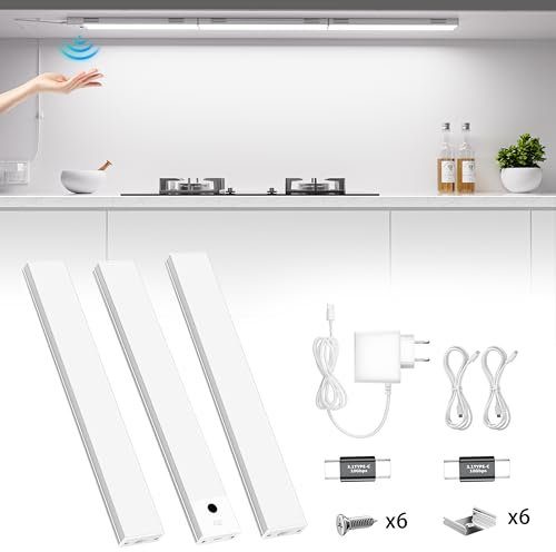 TOPPLEE Luz LED Armario, 3 Piezas 30 CM Empalmable Luz LED Cocina Bajo Mueblecon Sensor sin Contacto, 6000K Blanco Frio Regulable Luz de Armario con Enchufe para Cocina, Armario, Estudio, Estantes