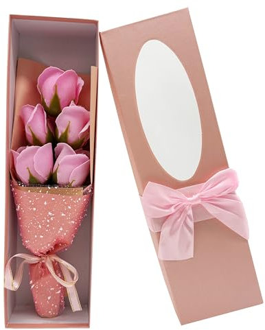 SECALIFE 5 Pieces Artificial Rose Flowers Foam Roses with Stems Rose Bouquets in Box, Roses Artificial Flowers, Valentines Day Gifts for Wife, Girlfriends (Pink)