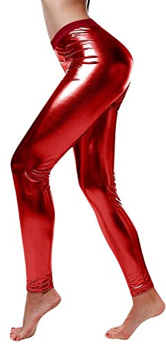 Leggins Silber Metallic Damen Leggins Silber Metallic Damen Glänzende Hose 80er mit Hoher Taille Shiny Leggings Party Tanz Disco Kostüm Karneval Space Kostüm Metallischer Hosen Silber Goldene Leggins