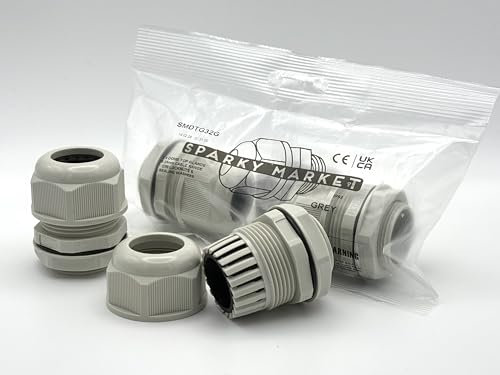 Pack of 2 M32 Grey 32mm IP68 Waterproof Nylon Cable Glands, Locknut and Washer for 18mm - 25mm Cables, Compression Stuffing Gland Connector Sparky Market