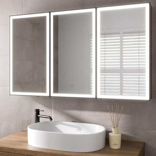 BAYSTONE® 1200 x 700mm Bathroom Mirror Cabinet LED Lights Wall Mounted Shaver Demister Illuminated Mirrors for Bathrooms, Mains Powered, Touch Sensor