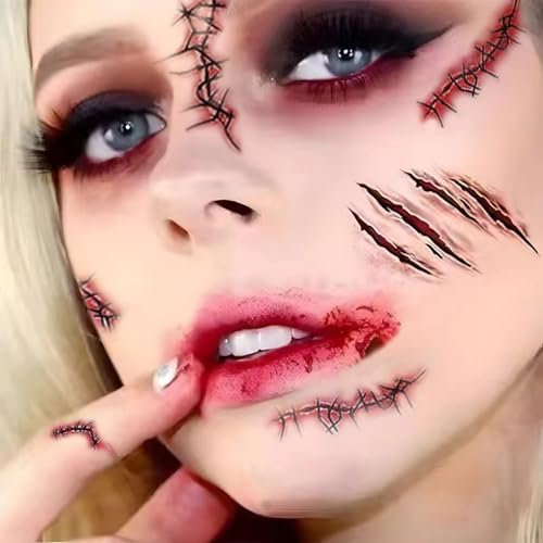 XinfuquanTatouages Temporaires,Tatouage cicatrice, Halloween Zombie Cicatrice Tatouage (10 Feuilles) Autocollant Avec Faux Sang Cicatrice Vêtements Spéciaux FX Maquillage Support