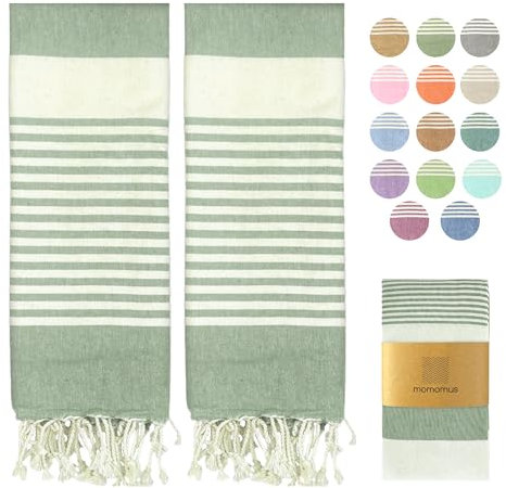 MOMOMUS Pack von 2 Fouta XL oder Strandhandtuch Baumwolle 100% - Saugfähig, Ultraweich, Kompakt - Ideal als Strandtuch, Hamamtuch und Saunahandtuch - Khaki, 90x180cm