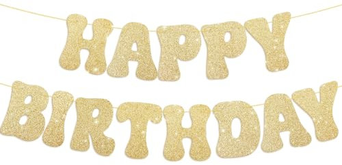 GEBETTER Decoración Fiesta Cumpleaños, Guirnalda Happy Birthday con Cuerda, Feliz Cumpleaños Decoración Happy Birthday, Pancarta Banderín Banner Cartel Letras Decorativas Papel (Oro Purpurina)