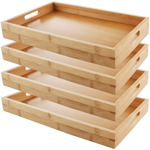 JMIATRY Lot de 4 plateaux rectangulaires en bois de bambou avec poignées, 38,1 x 25,4 x 3,8 cm, plateaux de service pour le dîner, le thé, le dessert