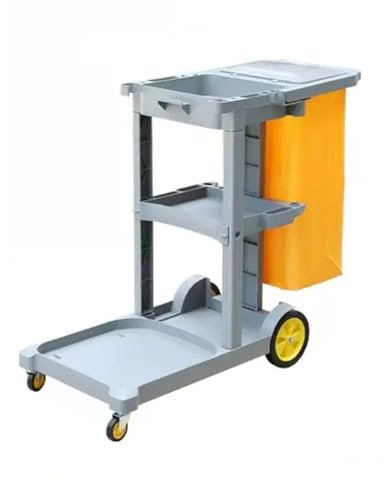 Profi Reinigungswagen mit extra groß Tasche, Kunststoff Putzwagen Reinigungswagen, Housekeeping Caddy mit Regalen(Grey)