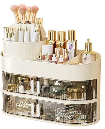 Organizador Maquillaje de 3 Niveles Caja Maquillaje con Soporte para Brochas Ajustable Beauty Organizer Múltiples Funciones Soporte Almacenamiento Cosmeticos Makeup Skincare Expositor para Baño