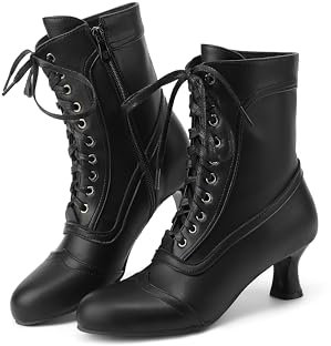 Voviggiw Stivali vittoriani da donna con lacci alla caviglia stivali a punta tonda con tacco vintage stivaletti laterali con cerniera, Nero , 39 EU