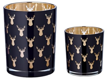 EDZARD Teelichtglas Rosy 2er-Set (H 8 + 13 cm, Ø 7 + 10 cm), schwarz | Hirsch-Motiv leuchtet golden im Kerzenschein · zwei Höhen ergeben eine Lichttreppe · 2er-Set