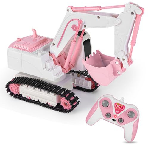 Highttoy Pelleteuse Télécommande Fille, Pelleteuse Jouet Enfant 3 4 5 6 7 8 Ans Pelle Mécanique Tractopelle Excavatrice Tracteur Jouet 2.4GHz Pelle Télécommandée 6 Canaux 1:24 avec LED et Son, Rose