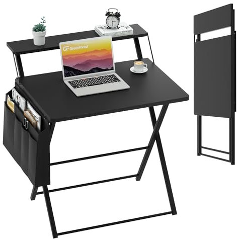 GreenForest Schreibtisch Klappbar 60 cm, Kleiner Computertisch Weiß für das Home Office, PC Bürotisch mit Regal and Aufbewahrungstasche, Schwarz
