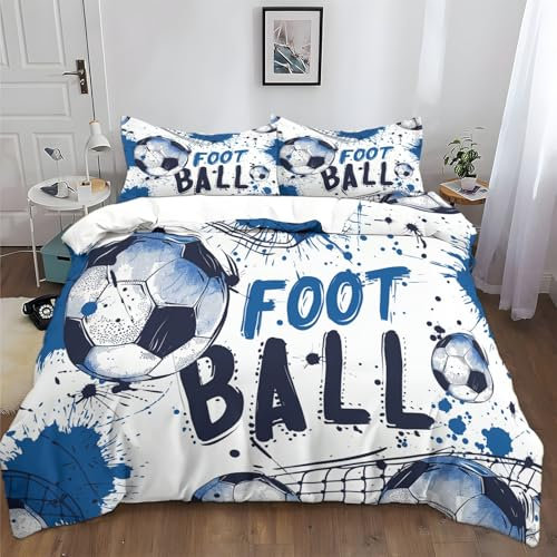 XCQHZYQ Copripiumino Singolo 150x200 cm Tema Calcio Blu Set di Biancheria da Letto per Bambini per Ragazzi e Ragazzi, Copripiumino in Poliestere Cotone 3 pezzi Copriletto