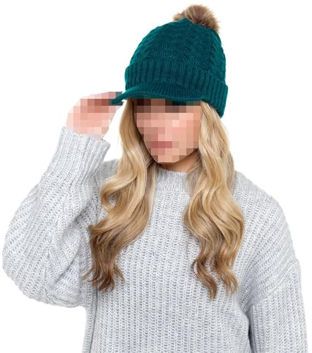 A2Z Ladies Cable Knit Peaked Beanie with Detachable Faux Fur Pom Pom | Sherpa Lined Winter Headwear Offering Stretch Comfort For Chilly Days